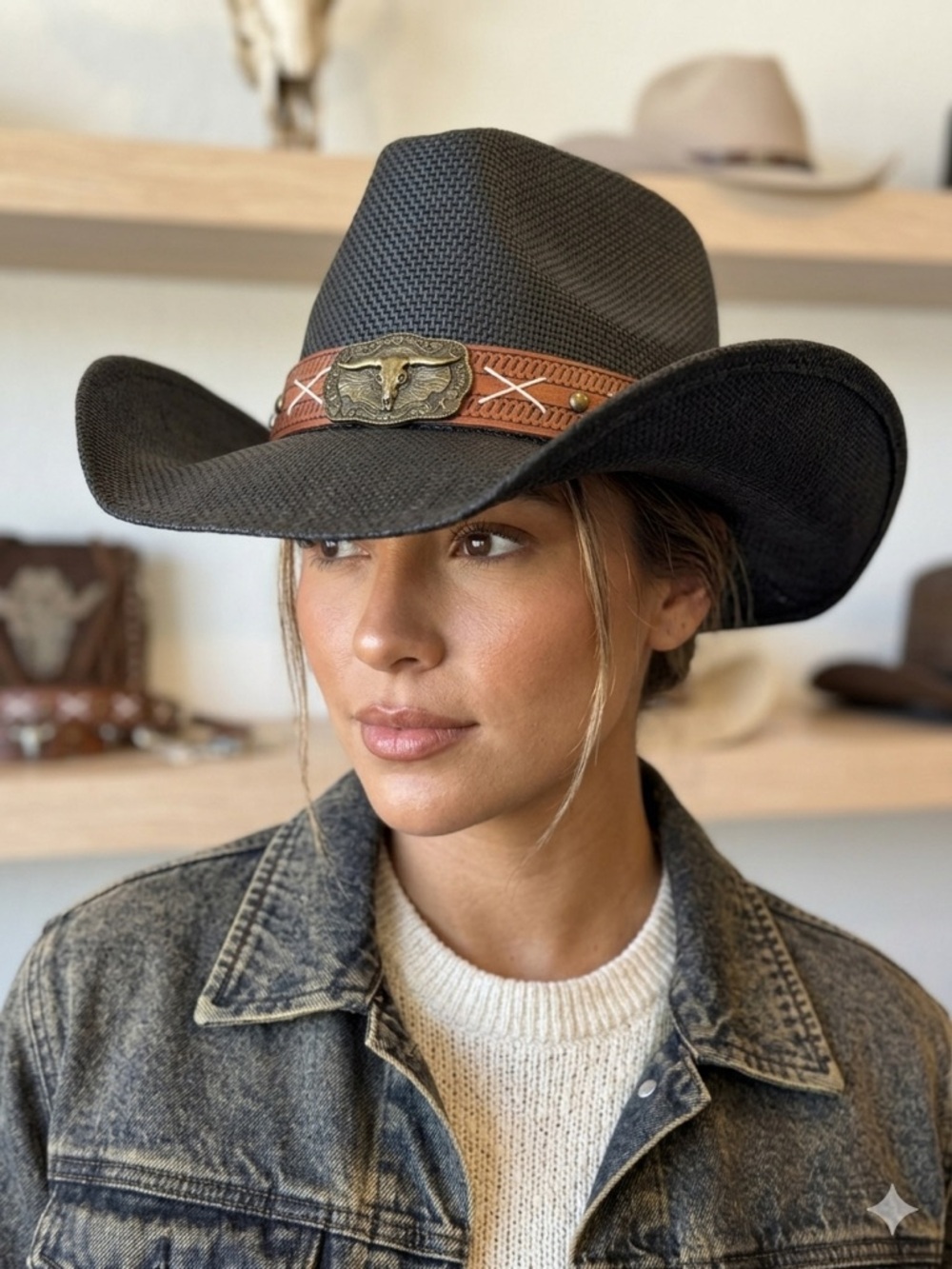 NWT Black Women's Western Cowboy Hat with Brown Leather Band